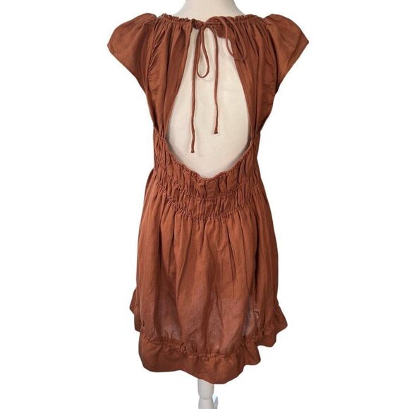 Anthropologie Smocked Waist Linen Blend Mini Dress Brown Size Large - Picture 3 of 7